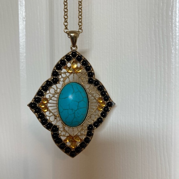 Gold and turquoise long necklace with earrings. Great condition - Picture 4 of 9